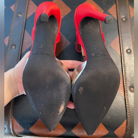 Giambattista Valli Red Satin & Silver Mirror Slingback Pump Heels - Picture 8 of 9